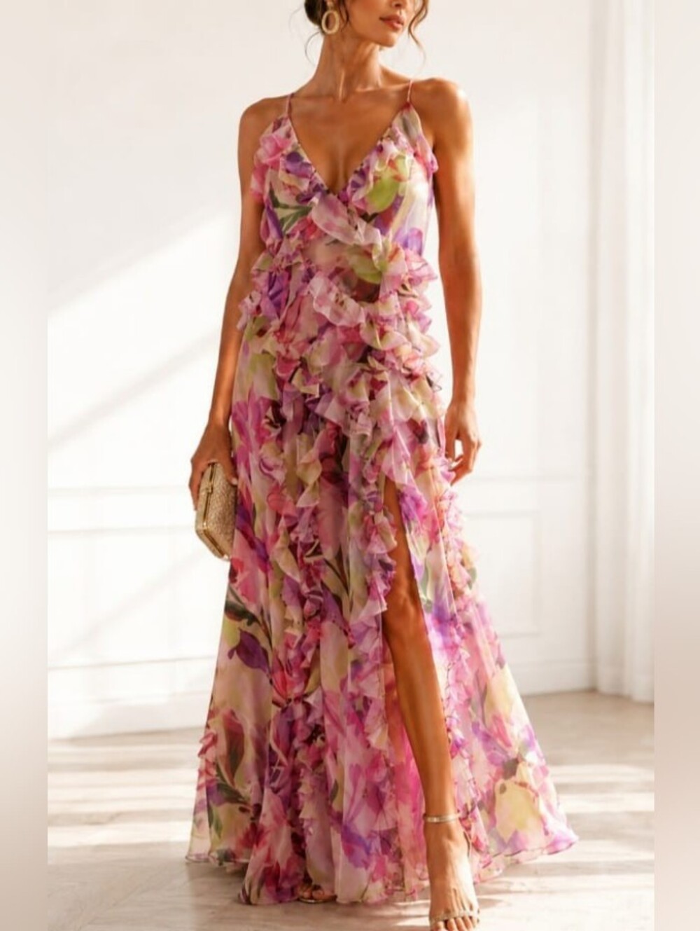Hutch Floral Ruffle Tiered Maxi Dress Pink Watercolor - Size 12P